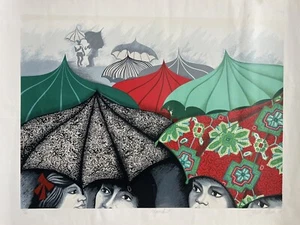 Lyzette Rosado, Signed Women W/ Umbrellas Serigraph 1989, Puerto Rico Art - Picture 1 of 11