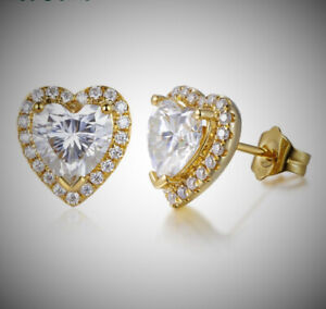 2.50Ct Heart Cut Moissanite Push Back Halo Stud Earrings 14K Yellow Gold Plated 