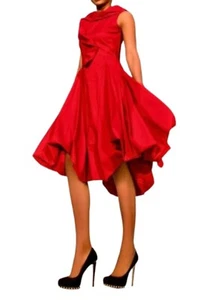 Samuel Dong Red Bubble Dress W/ Asymmetrical Ruffle Collar & Sleeveless Fit Medi - Picture 1 of 10