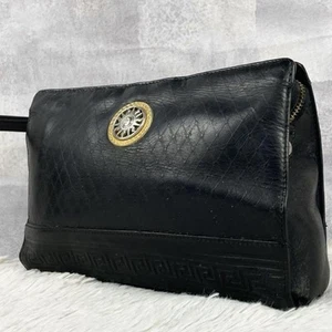Versace Leather Clutch Bag Sunburst Quilted Black Authentic - Picture 1 of 10