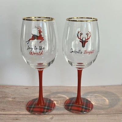 2 DELHI Holiday Wine Glasses Plaid & Gold Rim Winter Christmas 8.5 Inch - Image 1 of 4