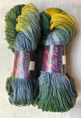 LOTE de 2, #128 Azul-Dorado-Verde Ella Rae ENCAJE MERINO superlavado, teñido a mano 460yds Foto 1 de 2