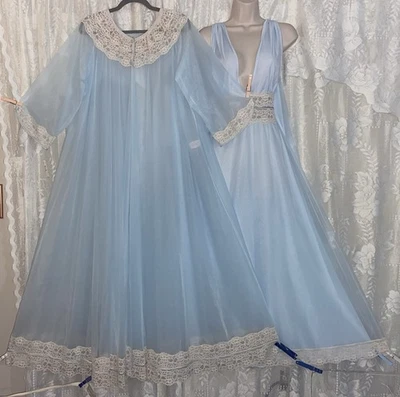 Conjunto de camisola Negligee vintage novo com etiquetas M L íntimo azul celeste transparente D chiffon peignoir - Imagem 1 de 4