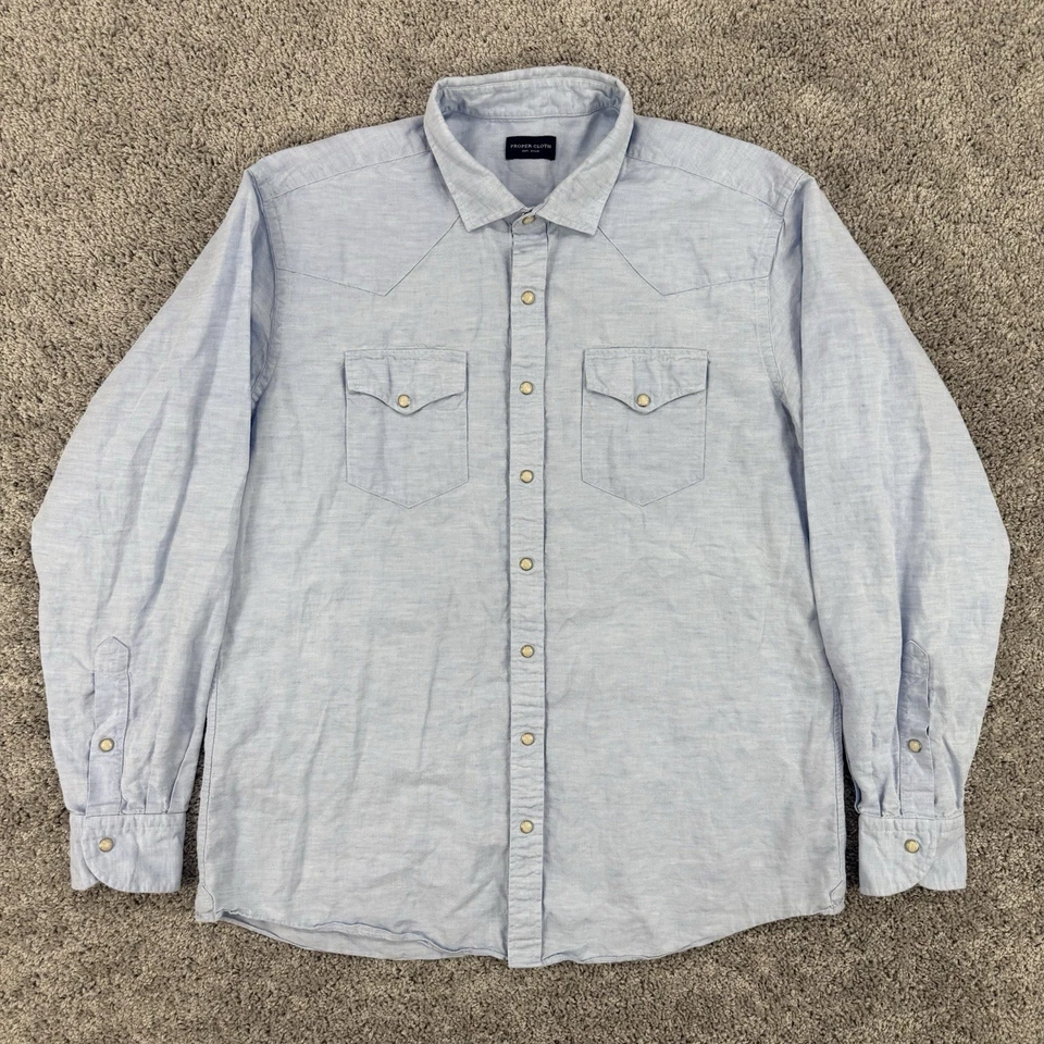 Camisa de lino de tela adecuada para hombre XL azul perla a presión manga larga vaquero occidental Foto 1 de 4