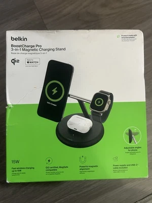 Belkin — подставка 3 в 1 15 Вт Qi2 беспроводная зарядная подставка для устройств Apple — черная - Изображение 1 из 4