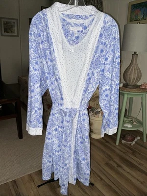 Carole Hochman 2 pc Robe and Gown Set  XL Blue Paisley & Blue Dot *Cotton Blend* - Image 1 of 4