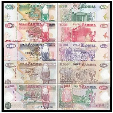 Zambia Banknote 5pcs Set (UNC) 全新 赞比亚 5张 (20 50 100 500 1000克瓦查) - Image 1 of 2