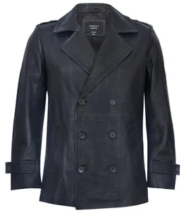 Men's Black Pea Coat Leather Jacket Dr Who German Naval - Picture 1 of 5