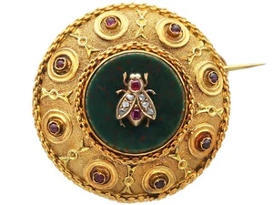Brosche 0,39Ct Rubin, Blutstein, 0,18Ct Diamant und 21k Gelbgold um 1880 - Bild 1 von 11