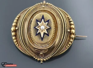 Vintage 14k Gold Mourning Victorian Pearl & Enamel Brooch - Picture 1 of 4