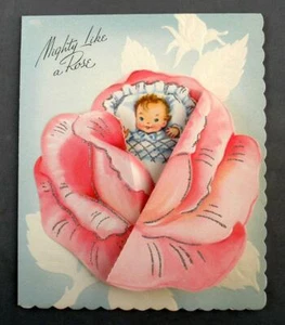 Biglietto di auguri e busta bambino vintage anni 50 illustrazione pieghevole fustellata - Foto 1 di 7