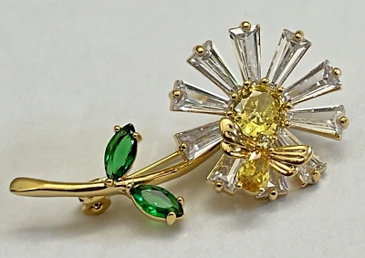 Crystal Rhinestone Bee Flower Brooch Pin Glass Daisy Rose Vintage Yellow Clear - Image 1 of 4