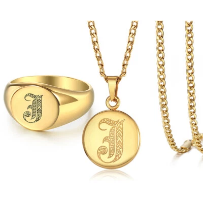 Único Oro Inicial Collar Sello Anillo Conjunto de Joyería Letra Colgante Hombres Mujeres Foto 1 de 4
