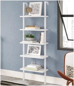 Ladder Shelf 5 Tier Wall Mounted Bookcase with Metal Frame, Open Design Shelves - Picture 1 of 10