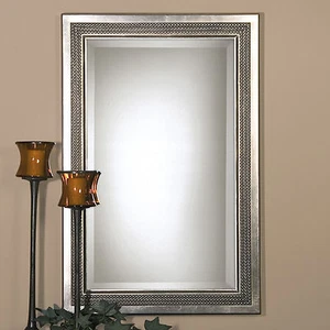 TRIPLE BEADED XXL 35" ANTIQUED SILVER GRAY GLAZE WALL VANITY MIRROR UTTERMOST - Picture 1 of 3