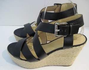 Michael Kors Black Leather Silver Logo Buckle Strappy Platform Sandals Size 9M - Picture 1 of 6