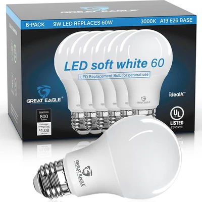 Great Eagle A19 LED Light Bulbs 60 Watt Equivalent - UL Listed - Soft White 3000 - Image 1 of 4