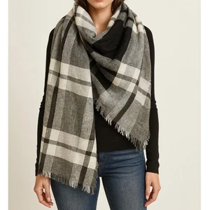 Large Flannel Black White Plaid Scarf 52" x 55" - Picture 1 of 5