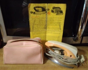 Vtg Mini Travel Iron Original LOELLER Zip Case Peach Instruction Sheet Cord Pink - Picture 1 of 23