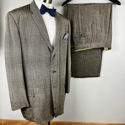 RARO DE COLECCIÓN AÑOS 50 Tailored 44R marrón seda crosshatch traje manchado 36 x 30 pantalones COMO ESTÁ Foto 1 de 4