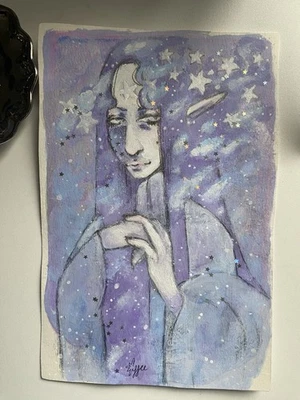 Celestial Star Elf Fantasy Painting On 5x7 Watercolor Paper - Image 1 of 4