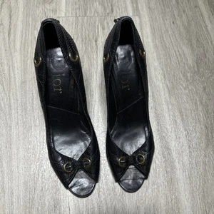 Dior Black Leather Grommet Accent Peep Toe Pumps w/ 'D' Charm EURO 39/ US 9  - Picture 1 of 7
