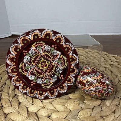 Vintage Wooden Hand Painted Easter Egg on Mini Plate Ukrainian Pysanka Folk Art - Image 1 of 4
