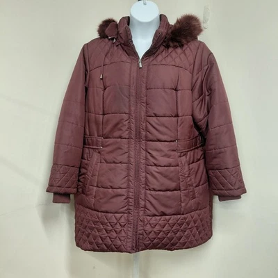 Susan Graver Coat Women's Size 1X Burgundy Quilted Removable Faux Fur Hood Heavy - Image 1 of 4