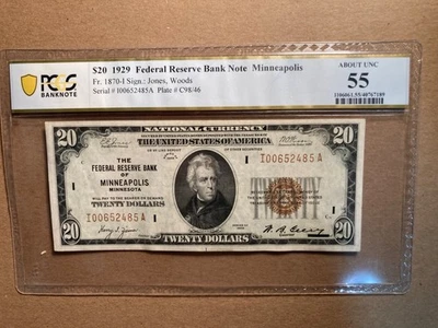 1929 $20. MINNEAPOLIS FEDERAL RESERVE BANK NOTE - PCGS AU 55 - Image 1 of 4