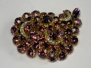 Large Vintage Unsigned Eisenberg Purple Clear Rhinestone Goldtone Brooch - Picture 1 of 9