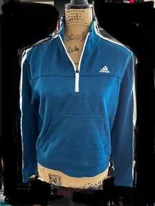 Womens Marine Blue White Striped Adidas Half Zip Sweatshirt Pullover Size Medium - Picture 1 of 2