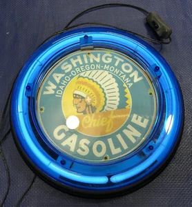 Washington Chief Gasolina Neón Letrero Luz Gasóleo Reloj Idaho Oregon Azul Indio - Imagen 1 de 8