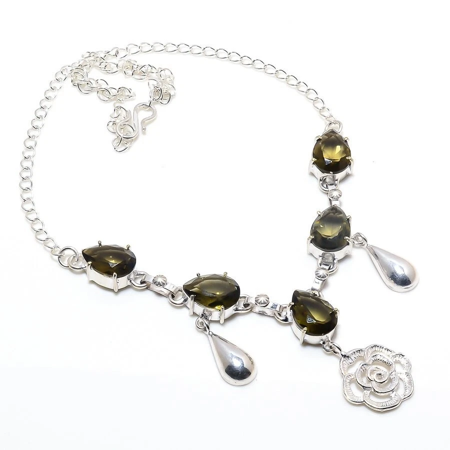 Smoky Quartz Gemstone Handmade 925 Sterling Silver Jwelery Necklace Sz 18'' - Image 1 of 1