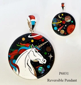 REVERSIBLE GALAXY TURQUOISE ONYX INLAY .925 SILVER UNICORN MEDALLION PENDANT - Picture 1 of 4