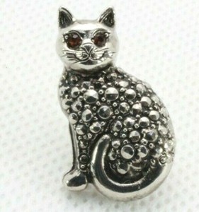 Brooch Lapel Tack Pin - Signed Avon - Cat - Brown Rhinestones Eyes - Silver Tone