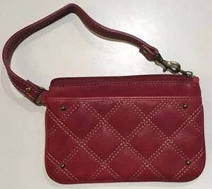 Fossil Red Leather Wristlet Purse Wallet Zip Top 4x6” Quilted Pattern - Picture 1 of 6