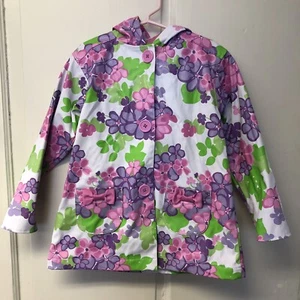 Hartstrings Flower Vinyl Rain Jacket Hooded Button Up Coat Girls Size 3T - Picture 1 of 7