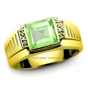 Natural Peridot Gemstone with 925 Sterling Silver Gold Finish Ring For Men's  - Picture 1 of 4