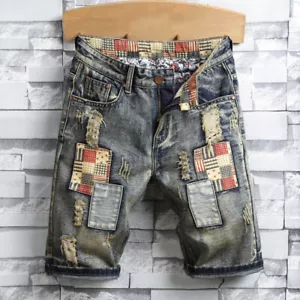 Blue Short hole Frayed knee length Jeans Summer Denim Shorts Men Straight Male - Picture 1 of 8