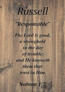 Russell "Responsible" Keepsake Name Meaning Card with Bible Verse - Picture 1 of 1