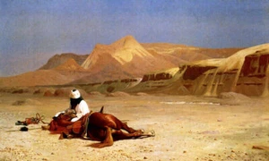 ARABIAN WITH HIS DYING HORSE IN THE DESERT ORIENTALISM PAINTING BY GEROME REPRO - Picture 1 of 3