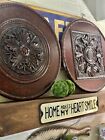 Pair Of Large Carved Floral Faux Wood Medallion Round Wall Art Rustic