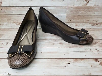 Andrew Geller Zally Cuña de Cuero Marrón Oscuro Sin Cordones Piel de Serpiente Puntera Arco de Metal  Foto 1 de 4