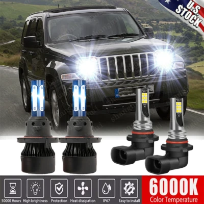 For Jeep Liberty 2008-2012 4x LED Headlight Hi/Lo + Fog Light 4 Bulbs Combo kit - Изображение 1 из 4
