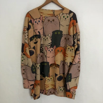 Yesno Cats Wool Blend Sweatshirt Fits Women XL Oversized Kittens Kitty AOP Tunic - Image 1 of 4