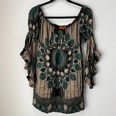 Vtg Voom Joy Han Dress Sz S Babydoll Silk Festival Boho Ruffle Sleeve Art To Wea - Image 1 of 4