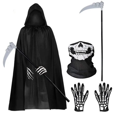 4pcs Grim Reaper Costume with Halloween Hooded Cloak Black Scythe Mask Gloves