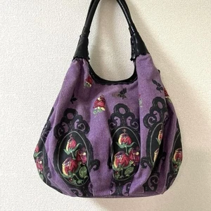 【中古】ANNA SUI Purple Floral Tote Bag Cotton Leather - Picture 1 of 5