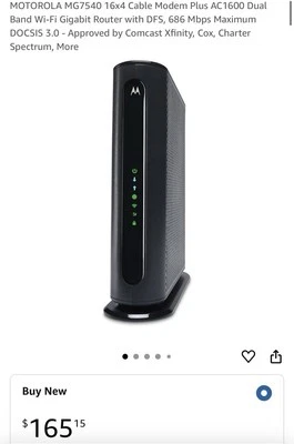 MOTOROLA MG7540 16x4 Cable Modem Plus AC1600 Dual Band Wi-Fi Gigabit Router - Image 1 of 2
