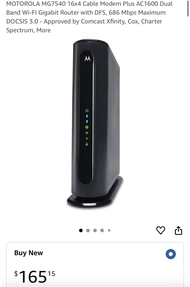 MOTOROLA MG7540 16x4 Cable Modem Plus AC1600 Dual Band Wi-Fi Gigabit Router - Image 1 of 2